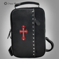 Male Crossbody Bags Men Genuine Leather Gothic Cross Biker Studded Shoulder Bag Hangbag