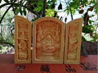 黃楊木雕手把件擺件隨身佛龕三開盒木雕佛像觀音西方三圣工藝品1入