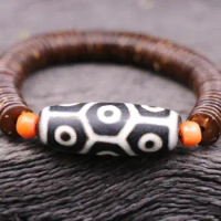 Royal Tibetan Old Agate 9 eye Turtles shell dZi Bead Stretchy Hand Knitted Bracelet