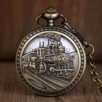Retro Locomotive Pattern Hollow Quartz Pocket Watch Vintage Bronze Men Women Pendant Necklace Fob Watch