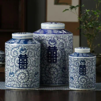 Jingdezhen Blue White Porcelain Wedding Jar Vase Happy Word Jar Ceramic Jar Wedding Vase Traditional Chinese Decor
