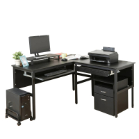 【DFhouse】頂楓150+90公分大L型工作桌+1抽屜+1鍵盤+主機架+桌上架+活動櫃-黑橡木色