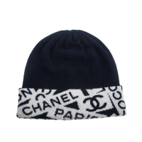 【CHANEL 香奈兒】經典雙C 不規則LOGO喀什米爾毛帽(深藍)