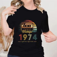 1974 Vintage Crew Neck T Shirt Female Radio Age Birthday Tops 50th Birthday Gift for Lady Vintage Television Graphic Sleeve Tee