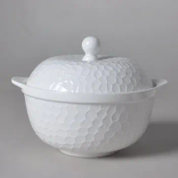 9 Inch, Plain White Bone China Tureen with Lid, Cute 3D Water Design, Buffet Dinner Serving Bowl, Soup Containers Thermos Soup