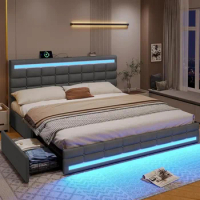 King Size Bed Frame with LED Upholstered Platform and Storage Drawers, USB Ports, Dark Grey Bed Frame