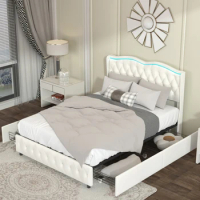 Full Platform Bed Frame , Velvet Upholstered Bed LED Light Decorative Headboard, Bed Sides with Pull-Out Storage 4 Drawers