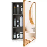 Bathroom Mirror Medicine Cabinet Wall Mounted Framed Recessed Storage Organizer with Mirror Hooks Durable Space Aluminum