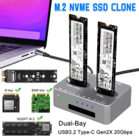 Dual-Bay NVME Docking Station M.2 NVME SSD Clone USB3.2 Type C External Hard Disk Box Gen2X 20Gbps M.2 SSD Enclosures For M2 SSD