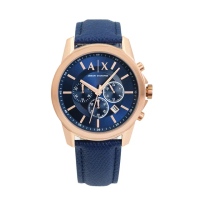 【A|X Armani Exchange】玫瑰金框 藍面 三眼計時 藍色皮革 腕錶 男錶 42mm 情人節(AX1723)
