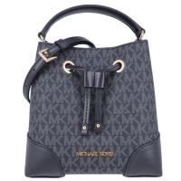【Michael Kors】MK MERCER 金字LOGO 防刮皮革水桶包 手提包/斜背包 小款(字母黑)