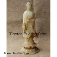 11" China Collect Old White Jade hand Carved stand Sakyamuni Buddha statue