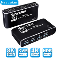 Navceker 8K KVM Switch HDMI-compatible 4K 120Hz 2 Port HD KVM Switcher Box USB for Shared Monitor Keyboard And Mouse Printer PC