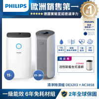 結帳再折★【Philips飛利浦】15L高效抗敏除濕機(DE3203/81)+奈米級抗敏空氣清淨機-旗艦款(AC3858/86)-適用26坪 贈3年份複合式濾網 (6年免耗材)(FY4440)