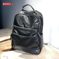 Genuine Leather Men's Backpack Large-Capacity Retro laptop Bag soft black leather men simple cowhide travel backpack school bag