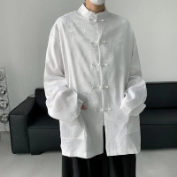New Chinese Style Dark Dragon Pattern Button Chinese Style Tang Suit Shirt Men's Non-Iron Long Sleev