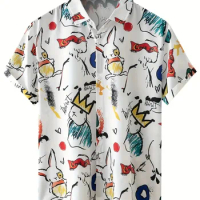 Men's Shirt Tops, Cute Graffiti Print, Lapel Bowling Shirt Short Sleeve Casual Summer Hawaiian Shirt Single Breasted Shirt Daily