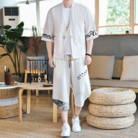 中國風男裝夏季薄款亞麻短袖t恤男士唐裝漢服男古風棉麻道袍套裝