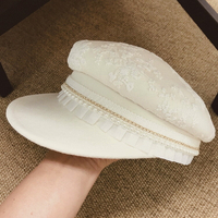 小香風復古蕾絲珍珠花邊優雅羊毛呢馬術帽鴨舌棒球帽秋冬1入
