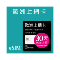 【citimobi】eSIM歐洲30天吃到飽-1GB日高速流量(歐洲網卡 吃到飽 歐洲 網卡 上網卡 瑞士 英國 黑山 eSIM)