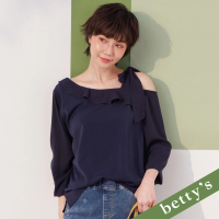 【betty’s 貝蒂思】雪紡斜肩綁帶荷葉領上衣(深藍)