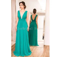 Simple Green Evening Dresses Deep V-neck Pleat Formal Party Gowns Chiffion Sleeveless Evening Gowns for Women Vestido De Noiva