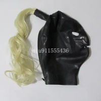 Latex Mask Rubber Unisex Hood with Wig Rubber Fetish Mask Braid Wigs Latex Headgear