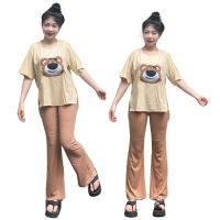 Đồ Bộ Nữ Mặc Nhà Bigsize Gấu Nâu Áo Đen Cổ Tim Quần Loe ESHOP Set Đồ Bộ Nữ Sang Chảnh Xinh Đẹp Dễ Th