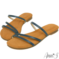 (季末換季出清)Ann’S水洗牛皮-鹽系女孩三條鞋帶平底涼拖鞋-藍