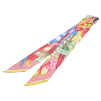 【Hermes 愛馬仕】Danse Pacifique圖騰Twilly絲巾領結(粉/黃色H063572S-PINK)