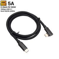 USB C To USB C 3.1 Gen 2 Cable 0.2m/0.5m/1m/2m/3m 90-Degree Type C 100W Cord 4K@60Hz Video Output 5A Power Delivery Charging
