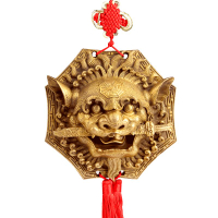 黃銅八卦獅咬劍家居擺件八角獅子頭銅工藝品風水掛件