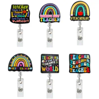 New Creative Retractable Acrylic Rainbow Teacher Keychain Extendable Pull Badge Reel ID Name Tag Card Badge Holder Key Ring Clip
