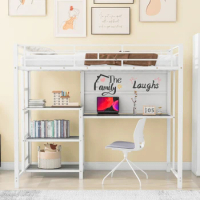 Twin Size Loft Bed with Desk and Whiteboard, Metal Loft Bed with 3 Shelves and Ladder, White