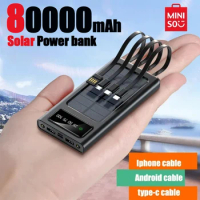 Miniso 80000mAh Solar Power Bank Built Cables Solar Charger 2 USB Ports External Super Fast Charger Powerbank with LED Light