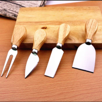 4PCS Cheese knife, fork, cheese butter knife, pizza oak handle baking tool gift set of 4 pieces