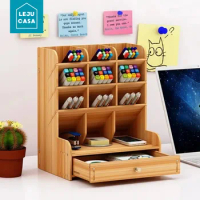1pc Wooden Desk Organizer Multifunctional Desktop Stationery Pen Holder Box for Home Office and School Supplies Storage Holder