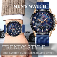 LIGE 9929 Casual Waterproof Luminous Mesh Belt Men Watches Luxury Business Quartz Sports Wristwatches Men's Chronograph Watch