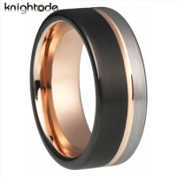 2 Color 8mm Tungsten Carbide Wedding Band Couples Marry Rings Rose Gold Grooved Black Flat Surface Brushed Provide Engraving