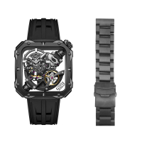 【BONEST GATTI】布加迪 黑框鏤空 氟橡膠錶帶錶帶 懸浮式設計機芯 方形機械手錶 贈不鏽鋼錶帶(BG5804-A2)