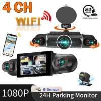 Car Dash Cam 4 Channel with Night Vision WiFi for Car DVR 360° Front Left Right Rear Loop Recording 24H Parking Monitor