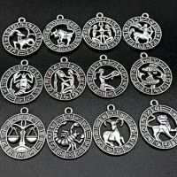 12pc Silver Color 24x21mm Twelve Constellations Charms Zodiac Pendant For DIY Handmade Metal Astrology Jewelry Making Accessorie