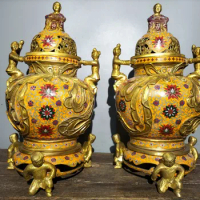 21"Tibetan Temple Collection Old Bronze Cloisonne Six Boys send peaches longevity belssing Ruyi incense burner A pair ornament