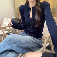 Women's Knit Henley Base Layer Top 2026 New Style Navy Blue Premium Slim-Fit Short-Sleeve Sweater