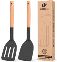 Pack of 2 Silicone Cooking Spatula Heat Resistant Solid Turner Non Stick Slotted Spatulas with Woode