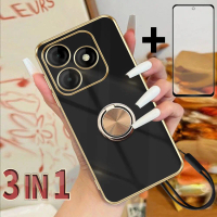 เคสโทรศัพท์ 3 In 1 สำหรับ Itel P55 4G A666L พร้อมแหวนโลหะ สายคล้องโทรศัพท์ และฟิล์มเซรามิก