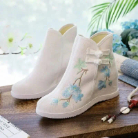 Woman Casual Vintage Canvas Lady Embroidered Zipper Chinese Style Wedge Platform Shoes Hanfu Ancient