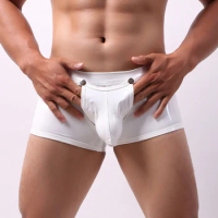 Men Faux Leather Shorts Button Up Bulge Pouch Boxer Brief Breathable Open Front Clubwear Hot Pants Underpants Boxer Homme