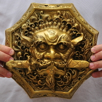 黃銅八角獅頭擺件銅獸頭八卦獅咬劍掛件銅獅子睚眥風水墻飾門飾品