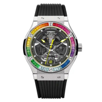 PINDU Men Automatic Watch 44.5mm Luxury Mechanical Wristwatch Vintage Luminous 50M Waterproof Fashion Skeleton Dial